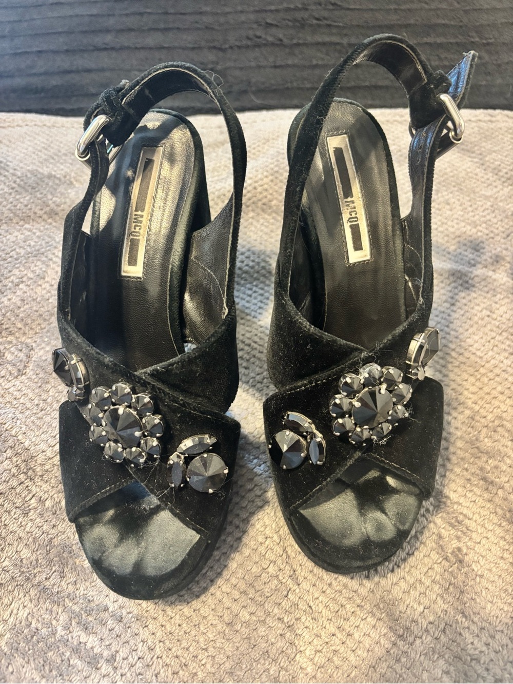 McQ by Alexander McQueen Black Jeweled Velvet Slingback Heels